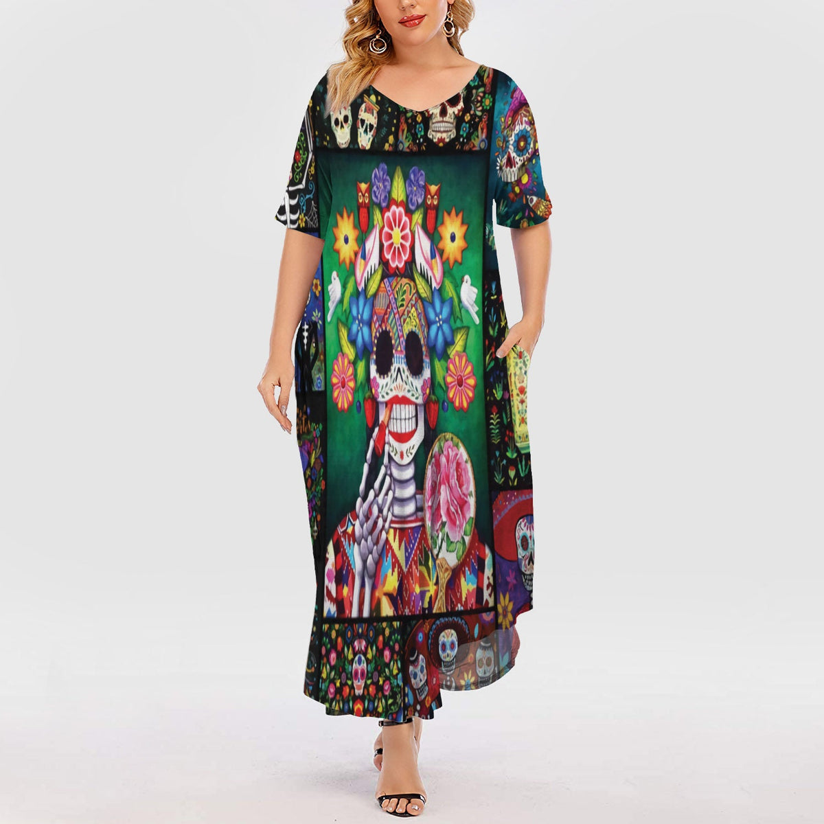 Day Of The Dead Frame Short Sleeve Plus Size Maxi Dress | Plus Size Dress | Summer Dress